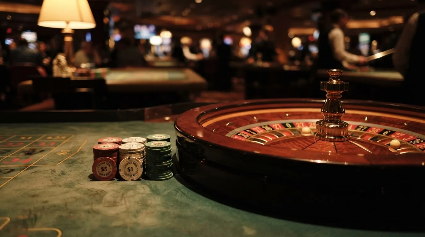 Rulettkerék és zsetonok zöld posztón, meleg esti fényben — blackjack szabályok magyaroknak