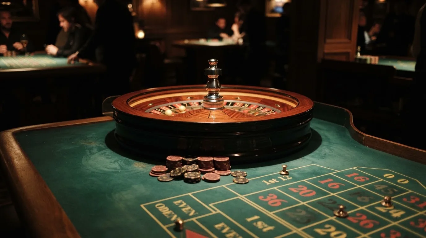 Rulettkerék és zsetonok zöld posztón, meleg esti fényben — high roller kaszinók magyarországon