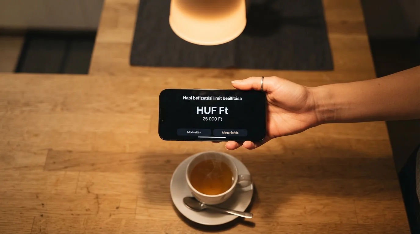 Kéz tart egy mobiltelefont egy csésze tea mellett a konyhaasztalon egy nyugodt estén — kaszinó szerencsejáték magyarországon