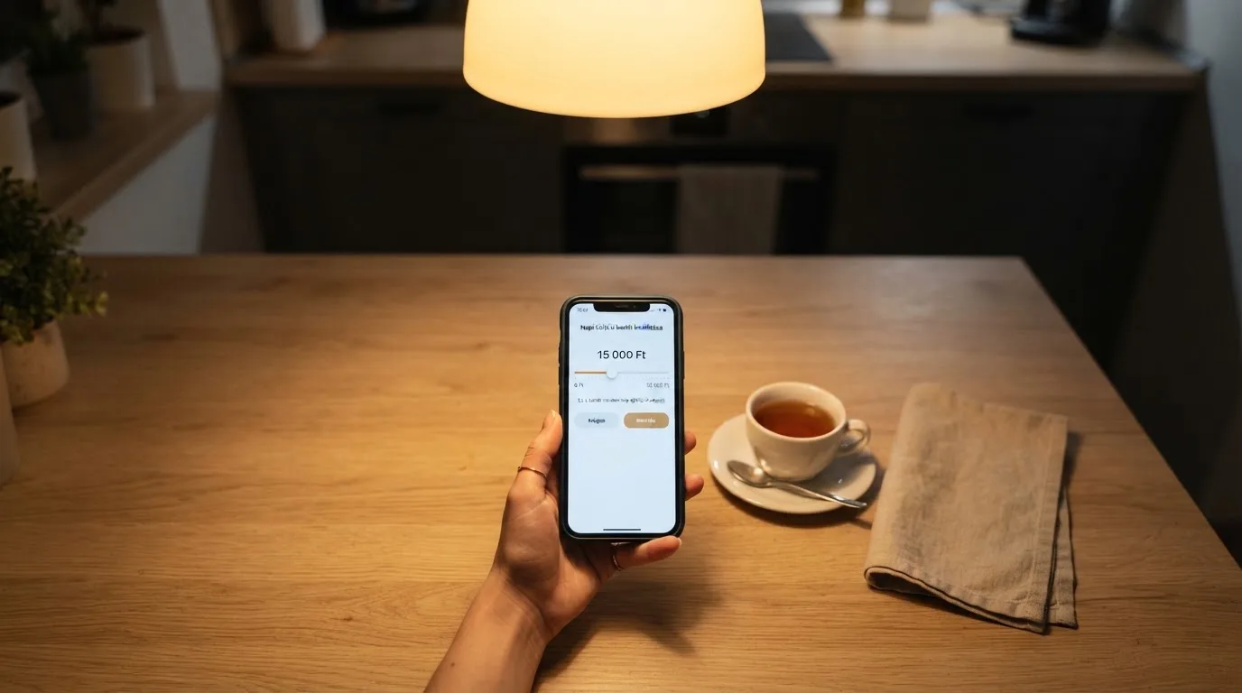 Kéz tart egy mobiltelefont egy csésze tea mellett a konyhaasztalon egy nyugodt estén — külföldi magyar kaszinók