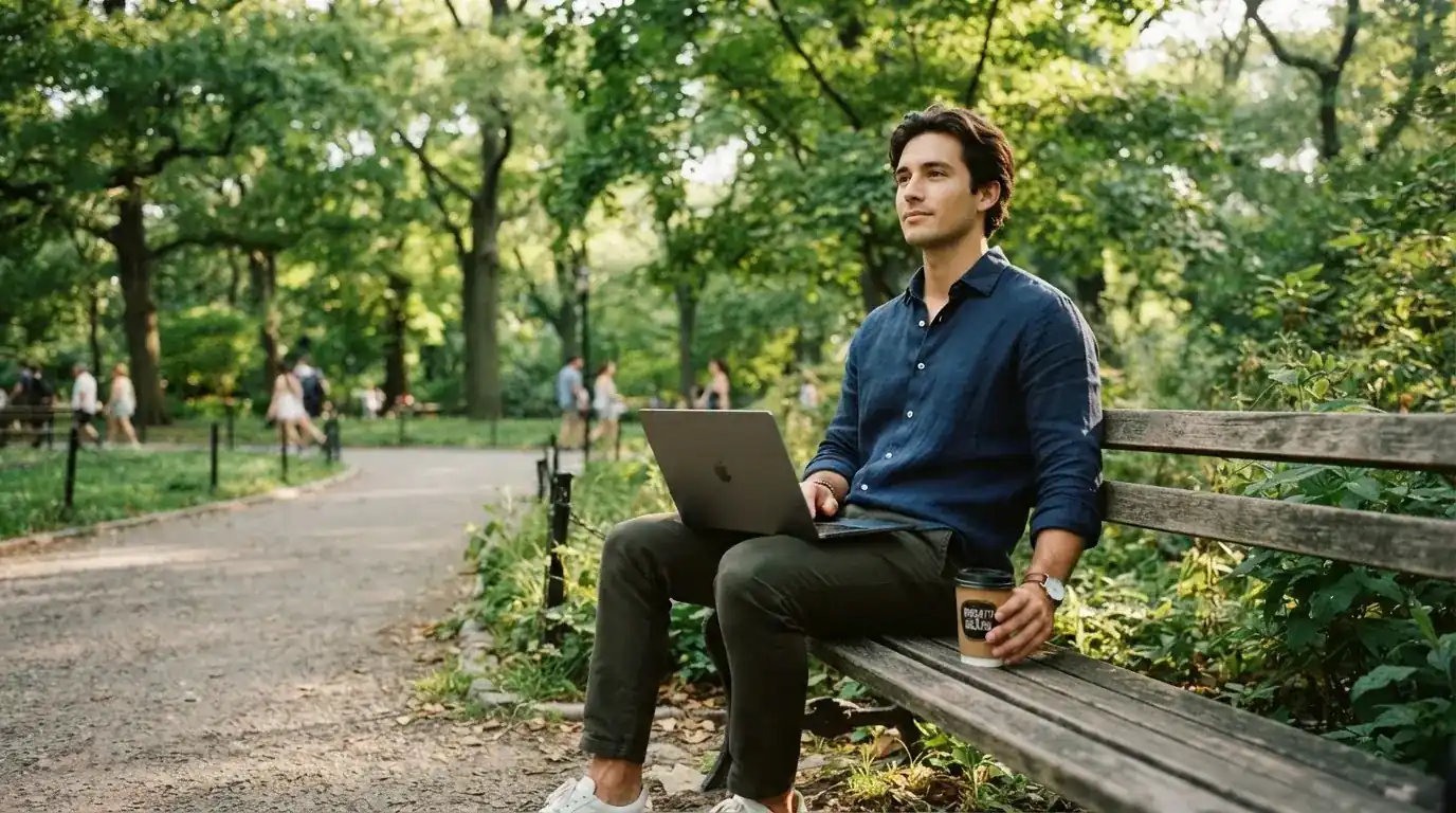 Fiatal férfi parkpadon ül, kezében összecsukott laptop és kávé, nyugodtan szünetet tart, a háttérben fák.